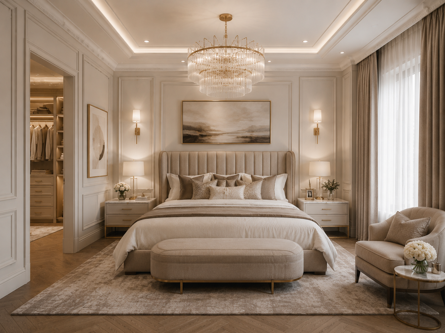 Classic luxe bedroom wide view