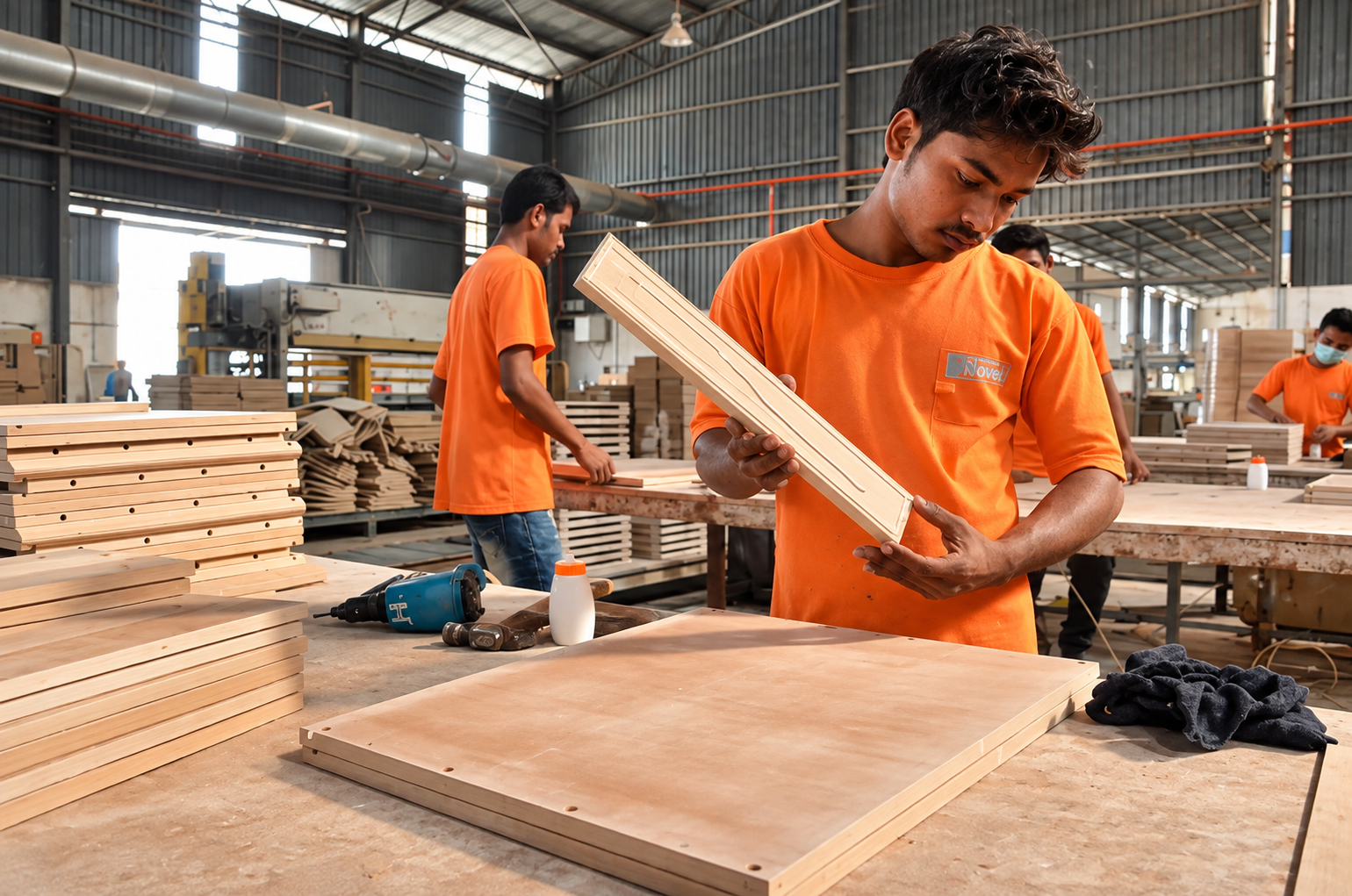 Craftsman checking a custom furniture panel in the Novel Interior workshop