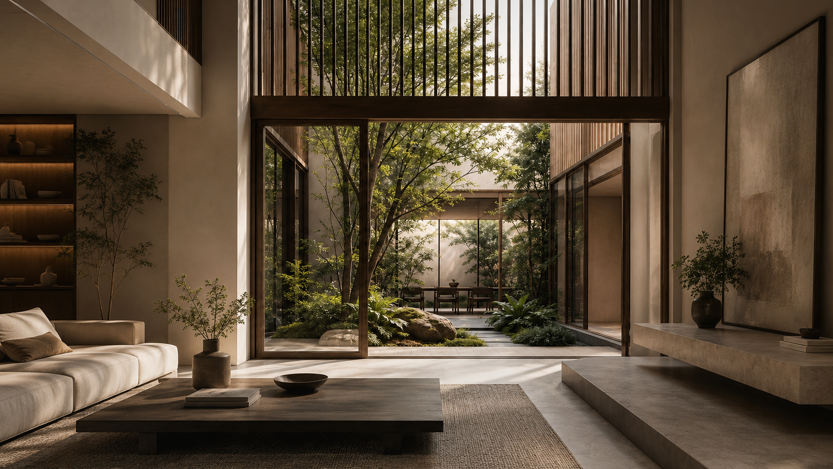 Warm modern interior opening to a landscaped courtyard