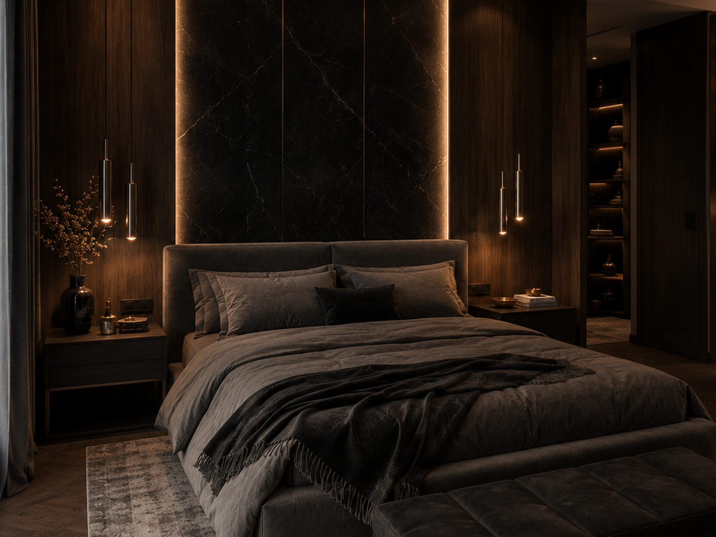 Dark luxe bedroom with warm backlit headboard