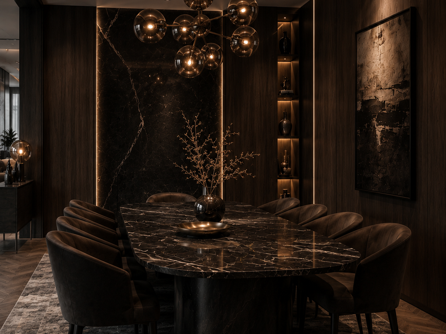 Dark luxe dining room with black marble table