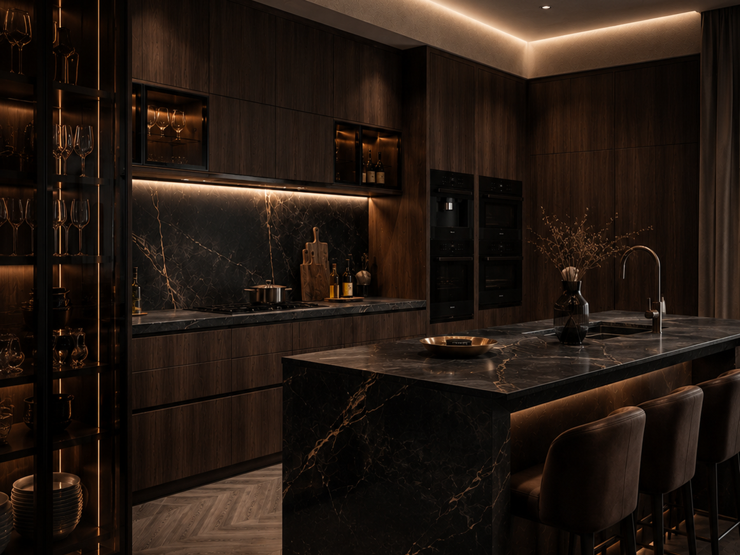 Dark luxe kitchen with black marble island