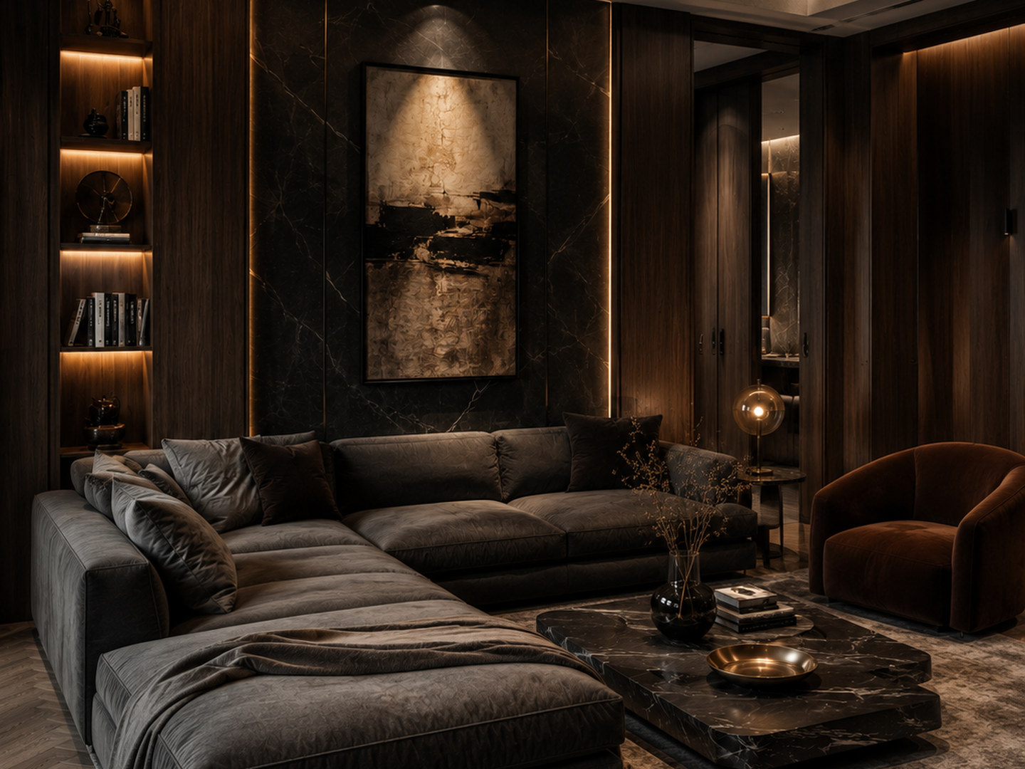 Dark luxe living room interior
