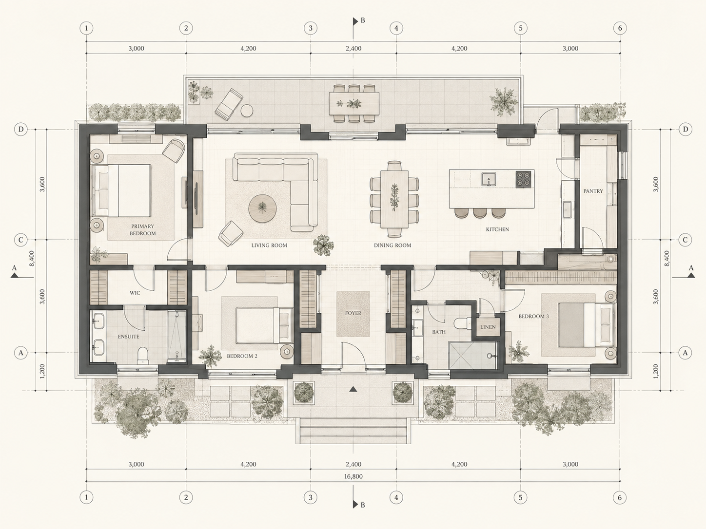 Detailed 2D CAD floor plan for a contemporary residence