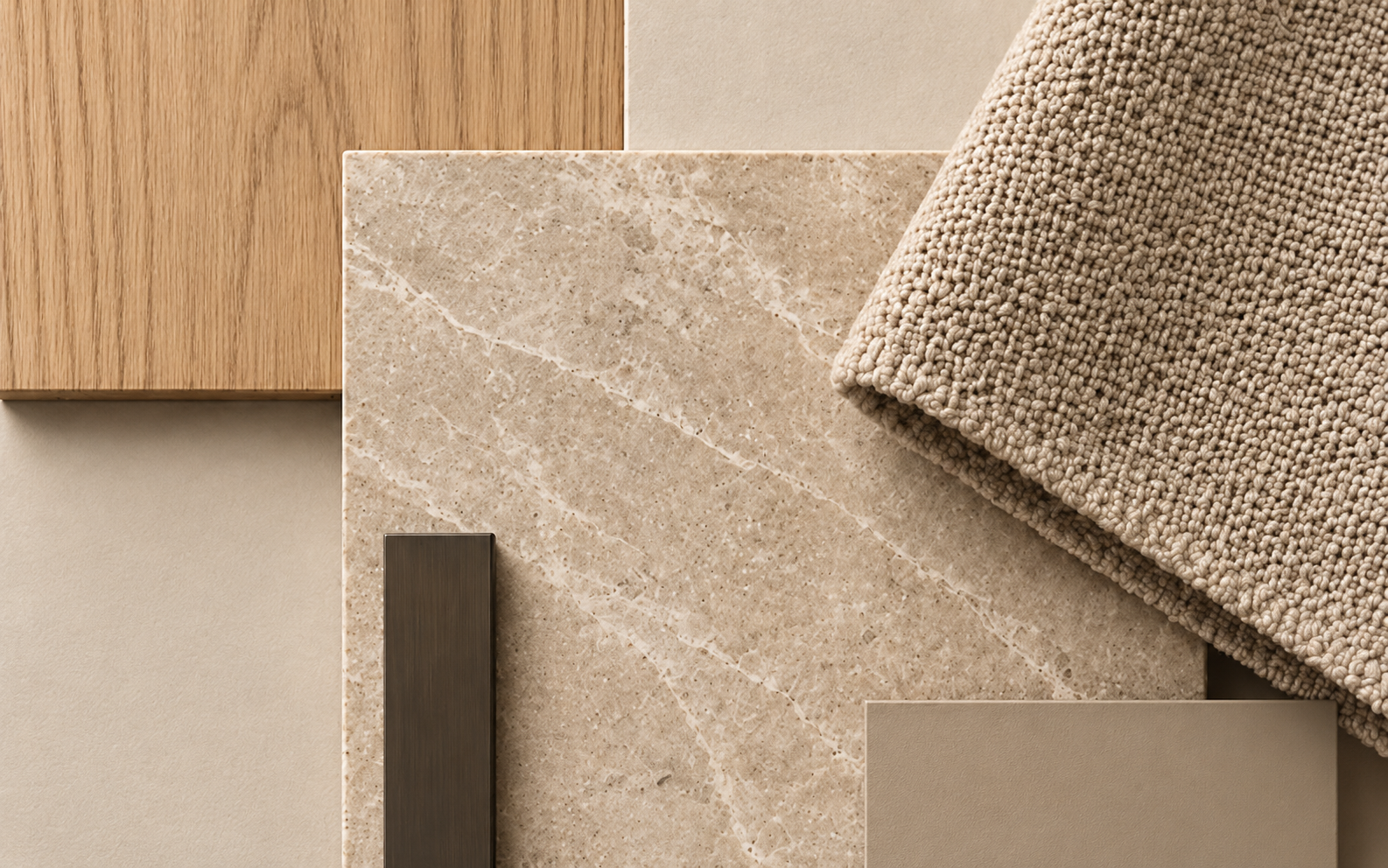 Warm neutral material palette with pale oak, beige stone, woven fabric and taupe samples