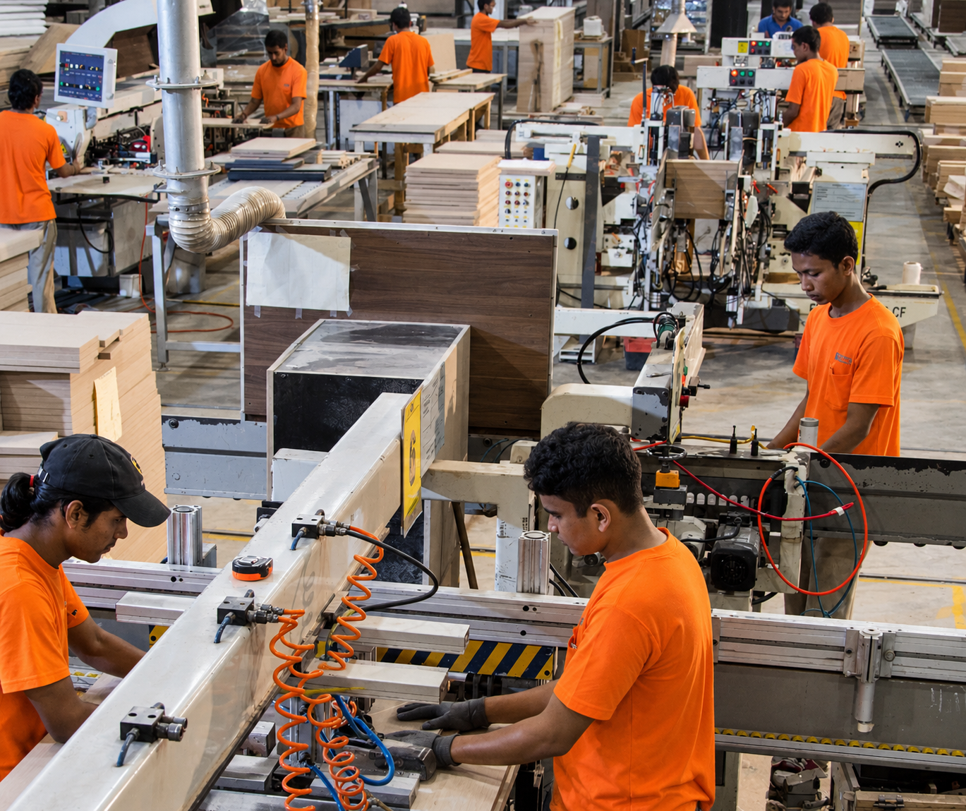 Workshop team operating woodworking machinery and assembling furniture components