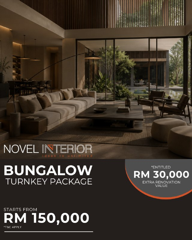 Bungalow Turnkey Package promotion shown over a warm residential interior