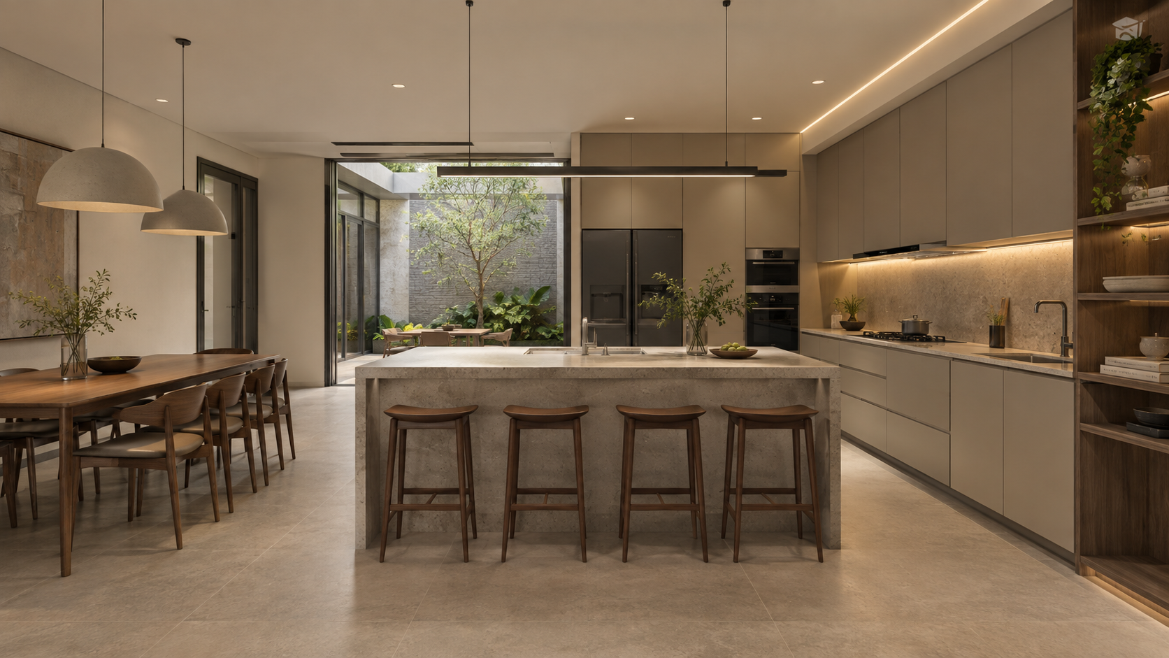 Warm contemporary kitchen and dining interior