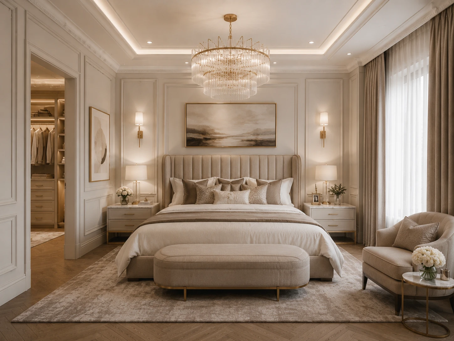 Classic Luxe bedroom with panelled walls and champagne accents
