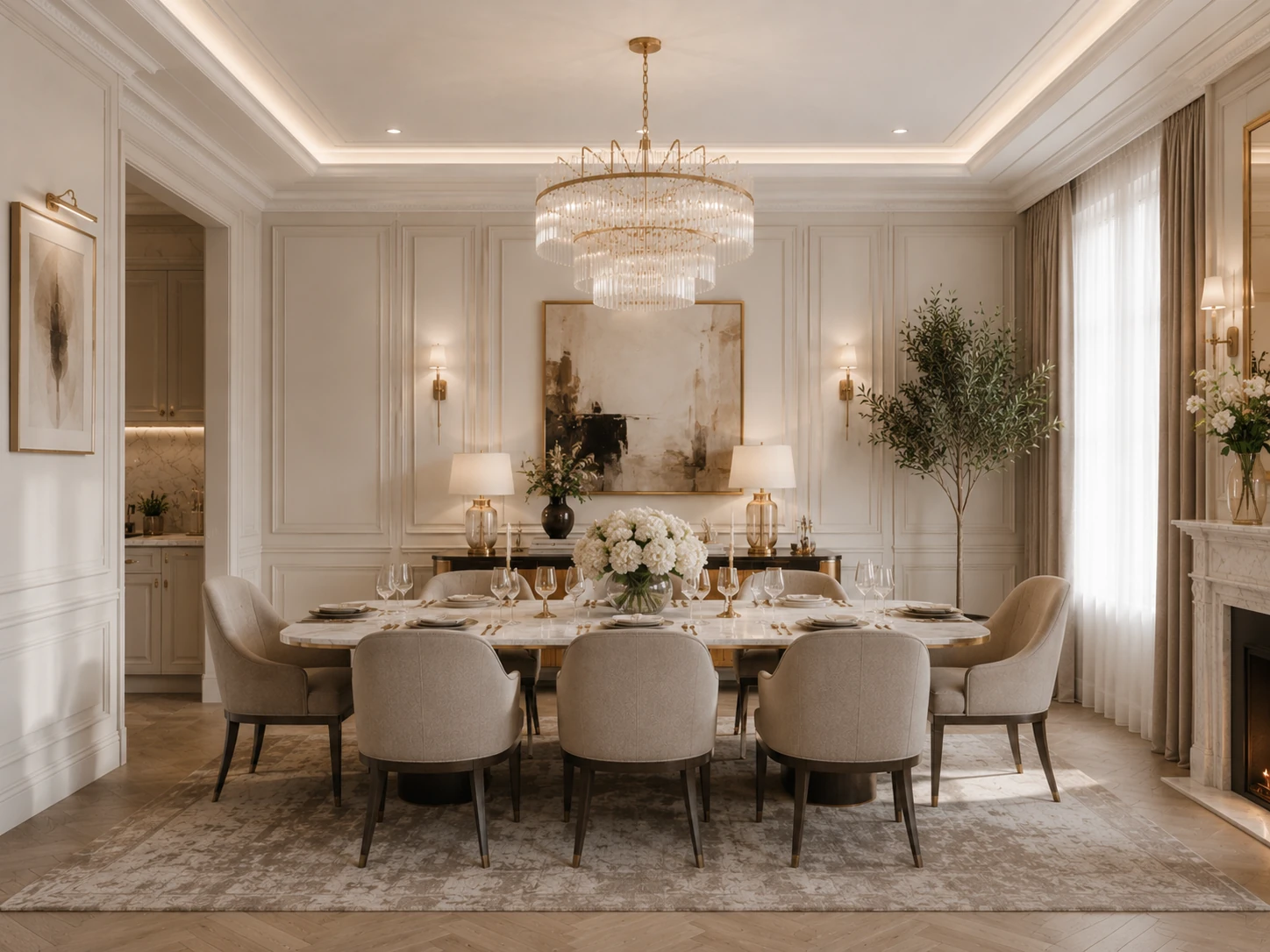Classic Luxe dining room with warm lighting