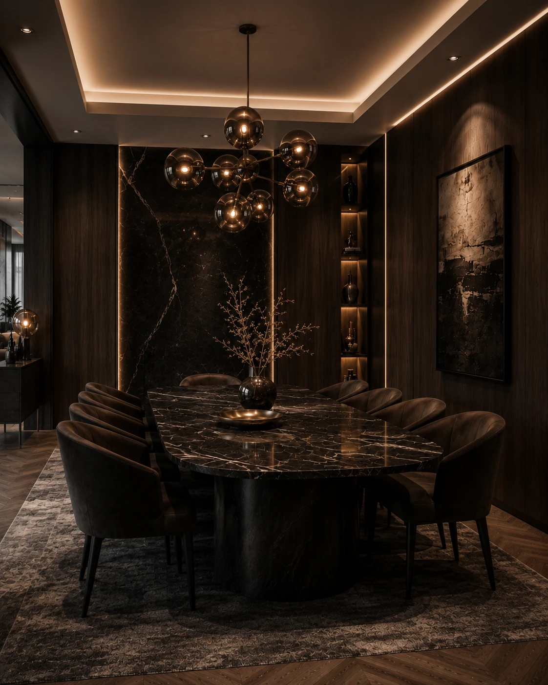 Dark Luxe dining room in warm timber and black marble