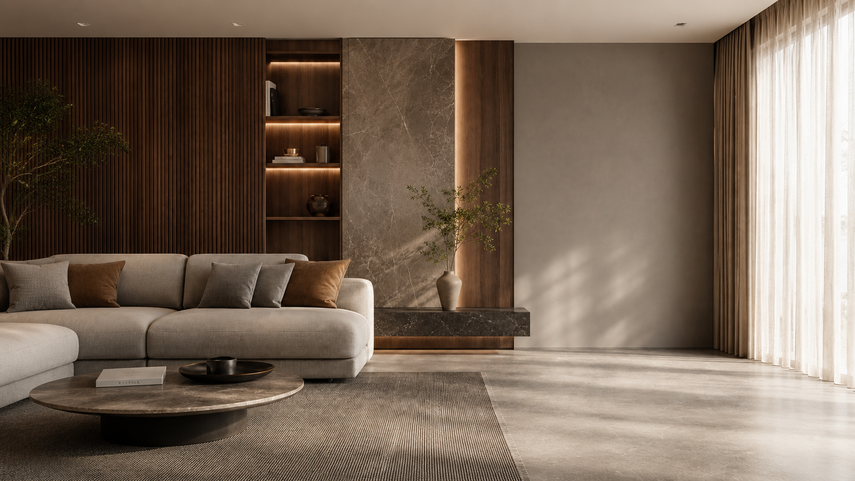 Wide premium warm modern living room with wood, stone and soft daylight