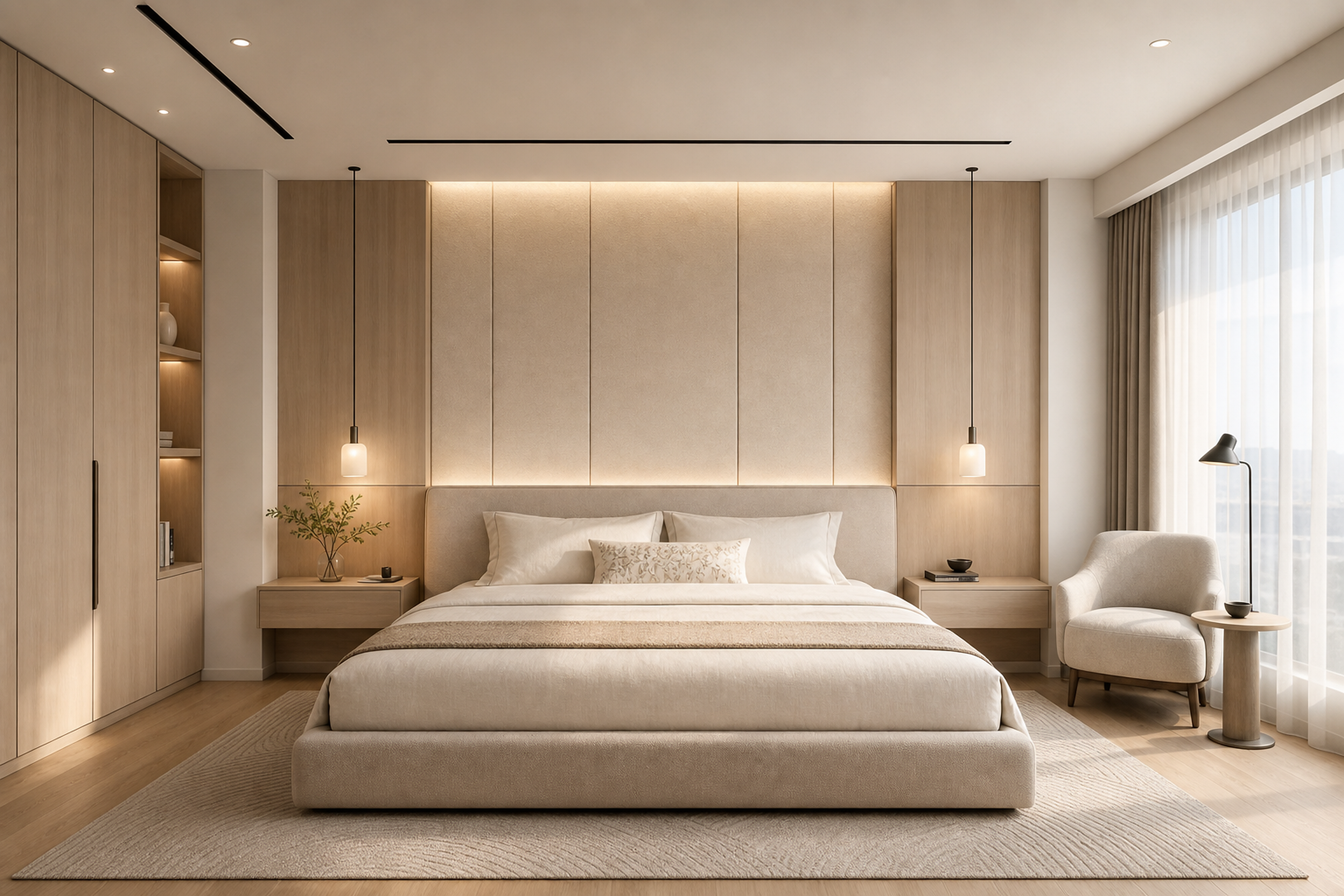 Warm minimal bedroom with soft timber joinery