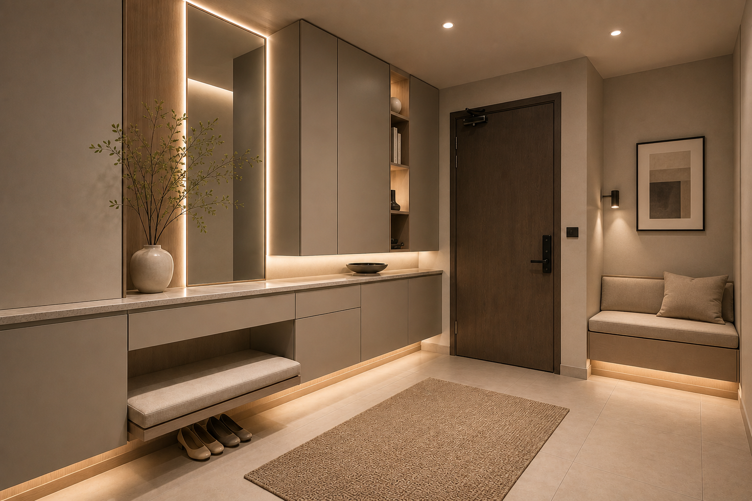 Warm minimal entry with mirror, bench and storage cabinets