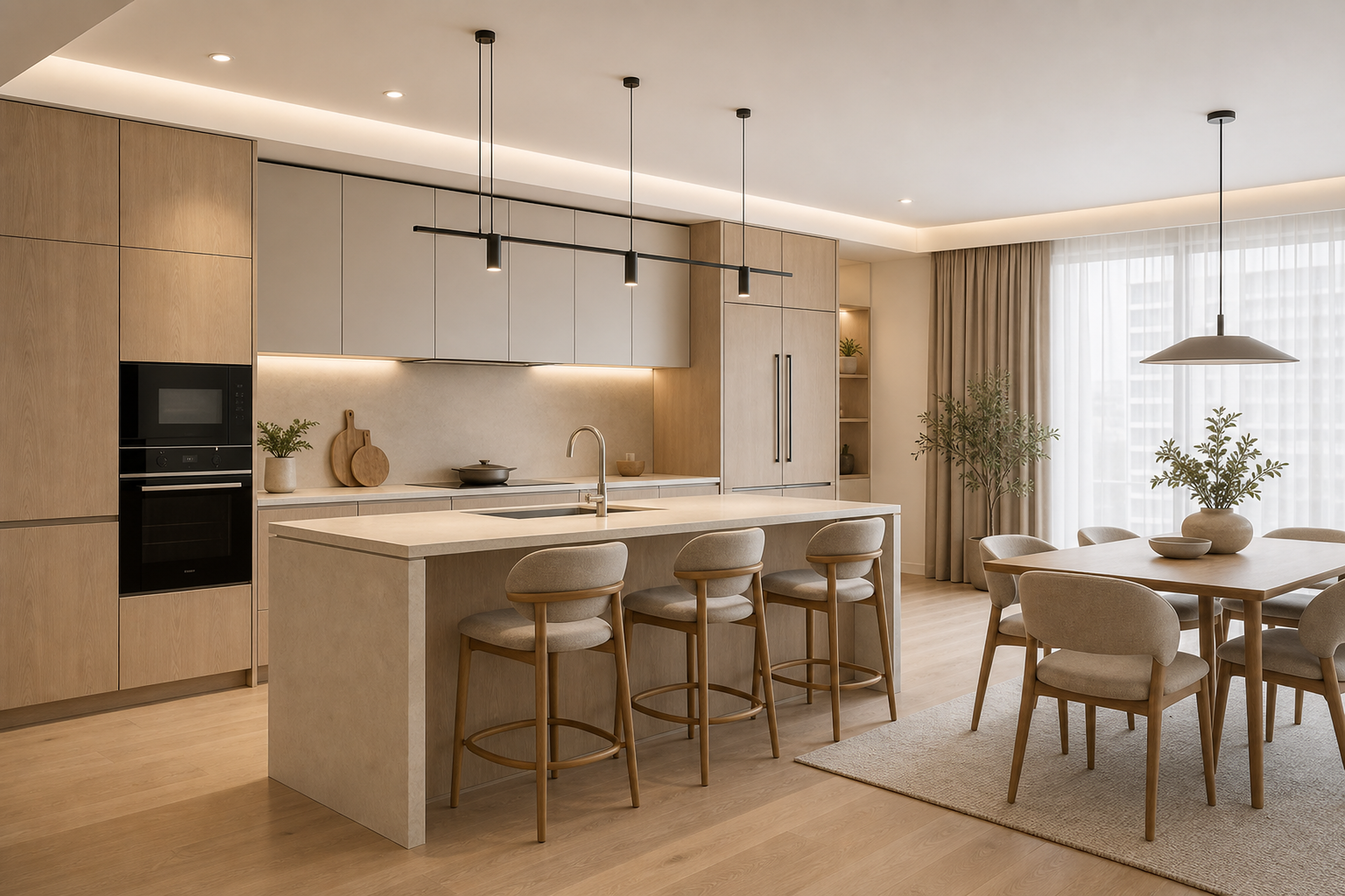 Warm minimal kitchen and dining room