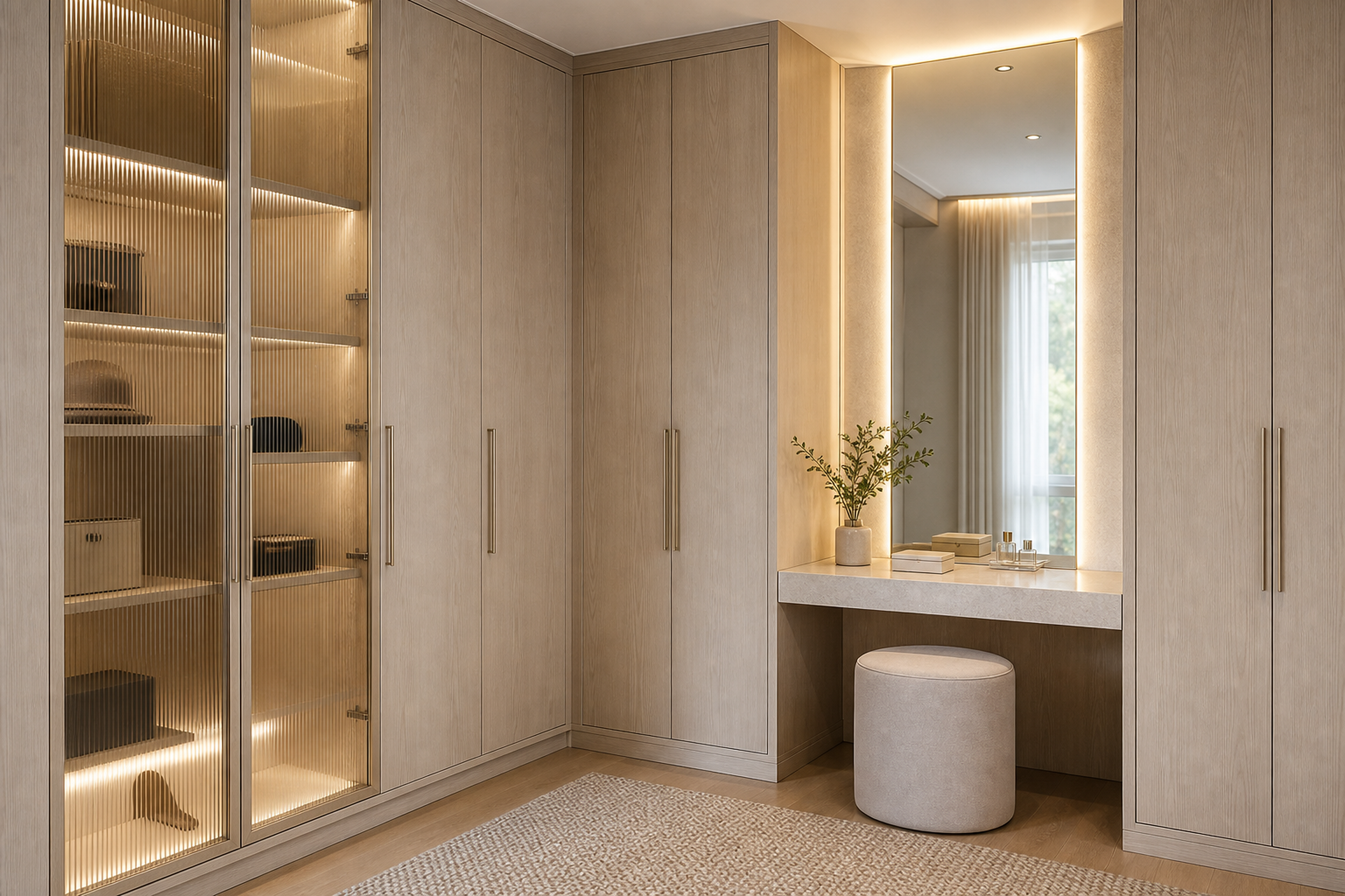Warm minimal bespoke wardrobe and vanity
